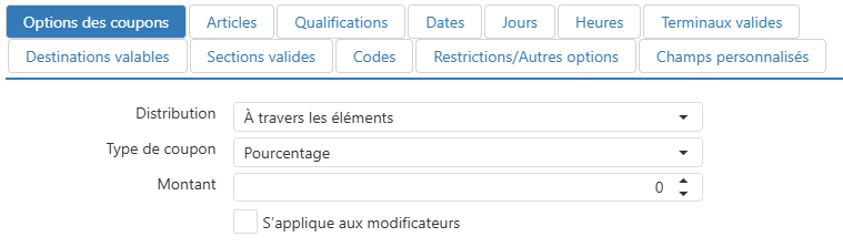 Modifier la boîte de dialogue de promotion, onglet Options de coupons