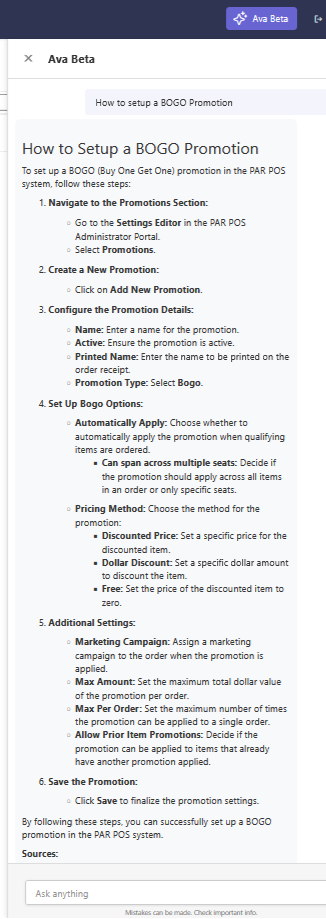 AVA Beta chat panel showing a step-by-step answer to