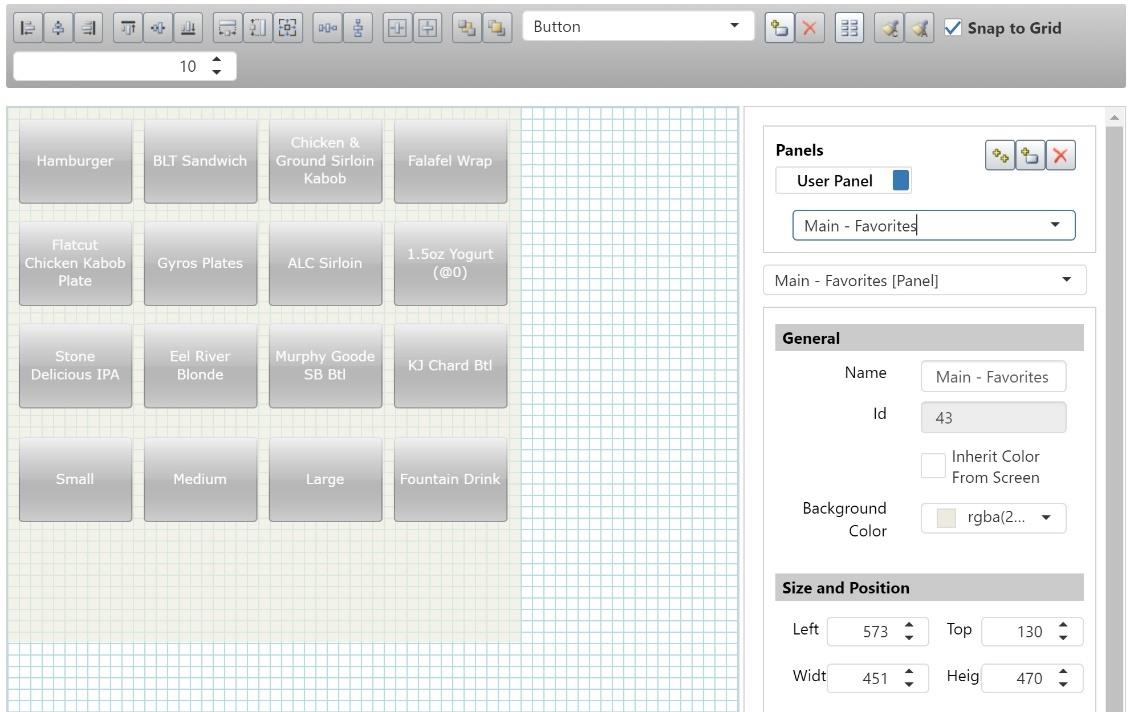 Layout page, showing a panel editing area with order item buttons on the left and a Panels/properties area on the right