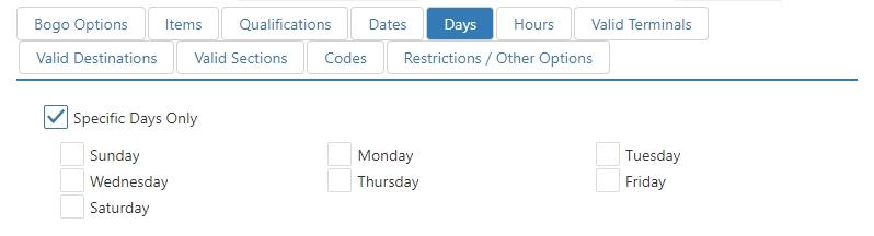 Edit Promotion dialog, Days tab, with day-of-week checkboxes