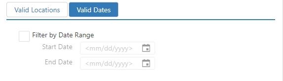 Edit Gift Card Filter dialog, Valid Dates tab, with a Filter by Date Range checkbox and Start Date/End Date fields