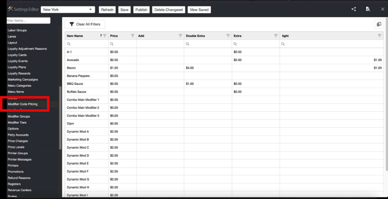 Settings Editor Modifier Code Pricing screen showing a grid of item names with Price, Add, Double Extra, Extra, and light columns, with Modifier Code Pricing highlighted in the left navigation