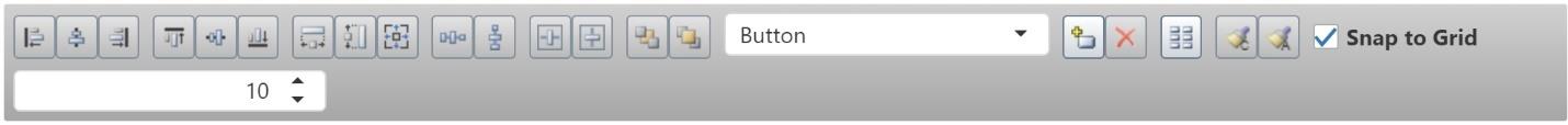 Layout toolbar with grouped icon buttons for alignment, size, spacing, page alignment, arrangement, adding/removing controls, style, and a Snap to Grid checkbox with grid size field