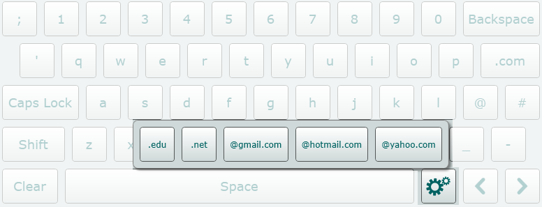Keyboard shortcuts displayed on the Register's on-screen keyboard, showing shortcut buttons such as .edu, .net, @gmail.com, @hotmail.com, and @yahoo.com above the space bar