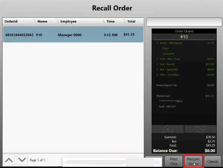 Recall Order screen listing a closed order (#10, $41.25) with the Reopen Order button highlighted in red