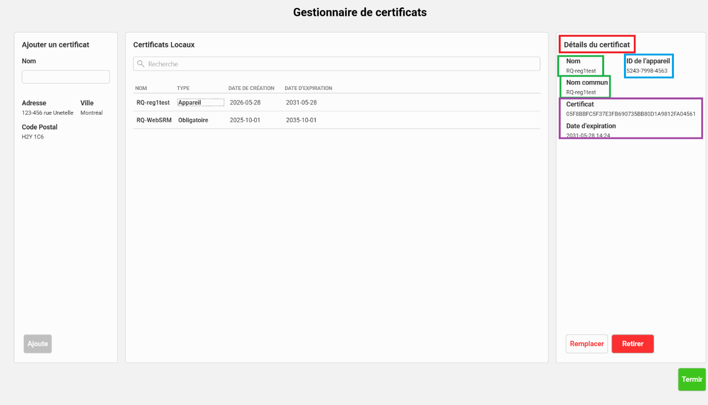 Écran Gestionnaire de certificats avec le panneau Détails du certificat ouvert, montrant les champs Nom et Nom commun encadrés en vert, l'ID de l'appareil encadré en bleu, et le numéro de Certificat et la Date d'expiration encadrés en violet