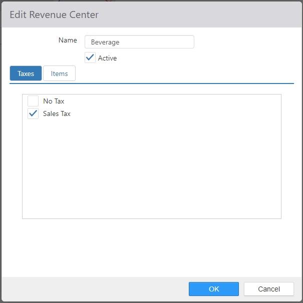Edit Revenue Center dialog, Taxes tab showing Name, Active, and a list of taxes with checkboxes