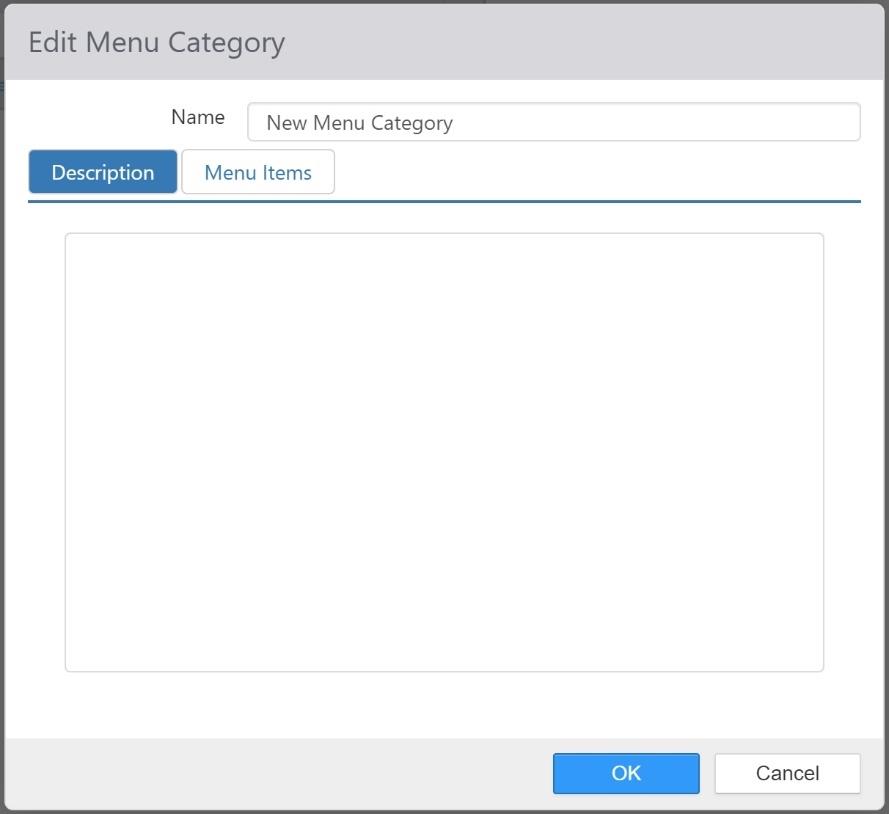 Edit Menu Category dialog showing Name field and Description tab with an empty text area
