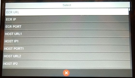 Select list on the payment device showing ECR URL (highlighted), ECR IP, ECR PORT, HOST URL1, HOST IP1, HOST PORT1, and HOST URL2, HOST IP2