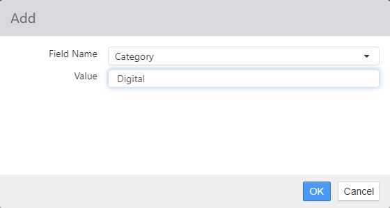 Add dialog for a custom field, showing Field Name drop-down set to Category and a Value field set to Digital