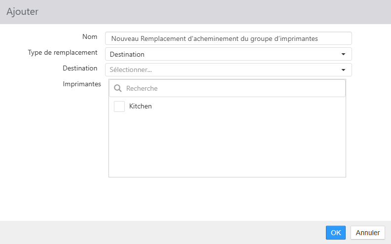 Boîte de dialogue Ajouter un remplacement d'acheminement du groupe d'imprimantes, avec les champs Nom, Type de remplacement, Destination et Imprimantes