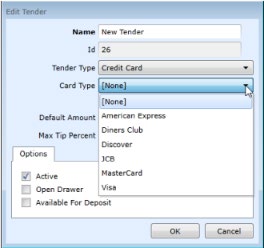 Edit Tender dialog with Tender Type set to Credit Card and the Card Type dropdown open, listing None, American Express, Diners Club, Discover, JCB, MasterCard, and Visa