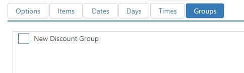 Edit Discount dialog, Groups tab, listing discount groups with checkboxes