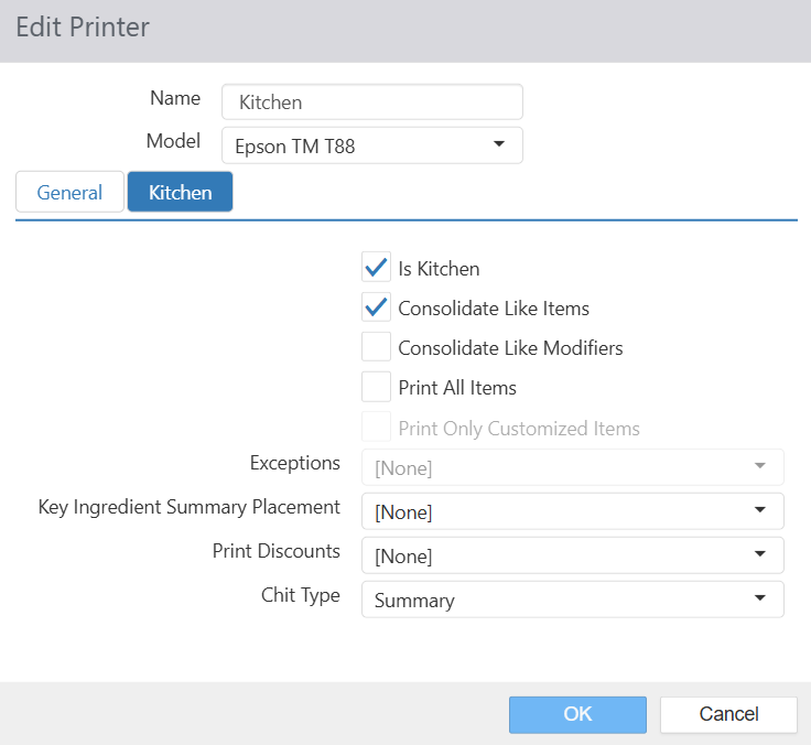 Edit Printer dialog, Kitchen tab (most printers), with Is Kitchen, Consolidate Like Items, Consolidate Like Modifiers, Print All Items, Print Only Customized Items, Key Ingredient Summary Placement, Print Discounts, and Chit Type controls