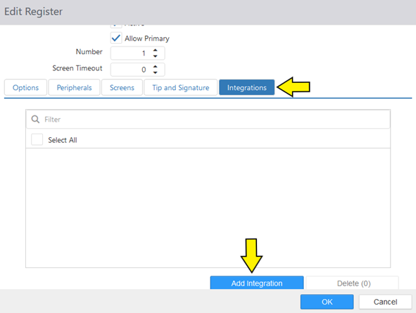 Edit Register dialog on the Integrations tab (highlighted with a yellow arrow), with an empty integrations list and an Add Integration button (highlighted with a yellow arrow) alongside OK and Cancel buttons
