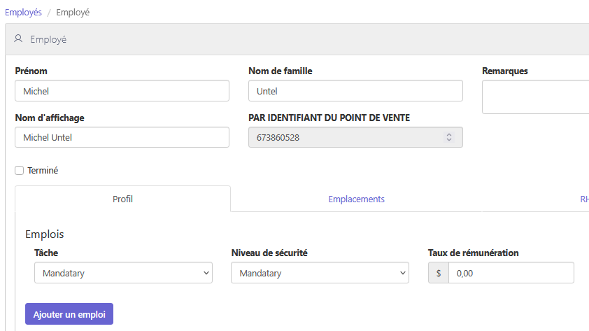 Fiche Employé « Michel Untel », avec l'identifiant du point de vente ainsi que la Tâche et le Niveau de sécurité réglés sur Mandatary