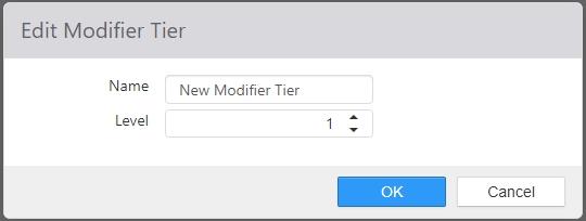 Edit Modifier Tier dialog showing Name and Level fields
