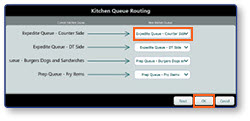 Kitchen Queue Routing dialog showing queue assignments