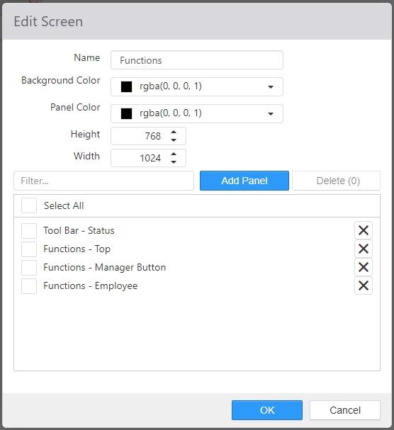 Edit Screen dialog showing Name, Background Color, Panel Color, Height, Width, and a Selected Panels list