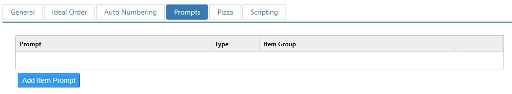Prompts tab showing an empty table with Prompt, Type, and Item Group columns and an Add Item Prompt button