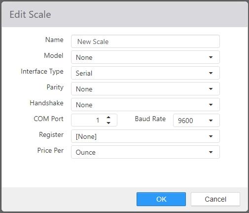 Edit Scale dialog showing Name, Model, Interface Type, Parity, Handshake, COM Port, Baud Rate, Register, and Price Per fields