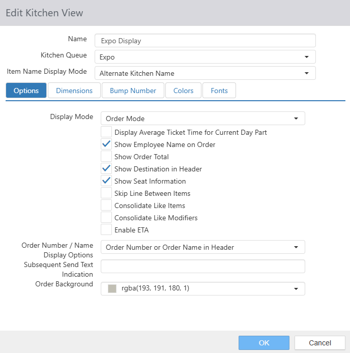 Add Kitchen View dialog, Options tab, with Name, Kitchen Queue, Item Name Display Mode, Display Mode set to Order Mode, and a list of order-mode display checkboxes including Show Employee Name on Order, Show Destination in Header, and Show Seat Information