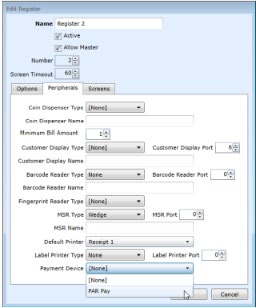 Edit Register dialog Peripherals tab with the Payment Device dropdown open, showing [None] and PAR Pay options