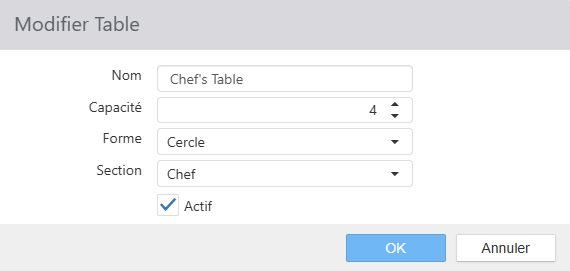 Boîte de dialogue Modifier Table