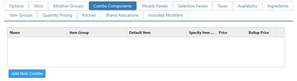 Edit Item dialog, Combo Components tab, showing a table with Name, Item Group, Default Item, Specify Item Price, Price, Rollup Price columns and an Add Item Combo button