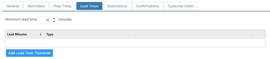 Options > Future Orders > Lead Times tab, showing Minimum Lead Time field and a Lead Minutes / Type rules table