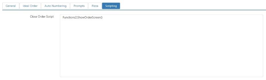 Scripting tab showing a Close Order Script text area containing Functions2.ShowOrderScreen()