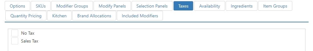 Edit Item dialog, Taxes tab, showing checkboxes for No Tax and Sales Tax
