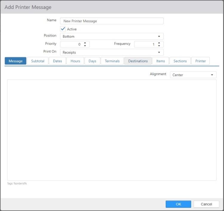 Edit Printer Message dialog, Message tab, with Name, Active, Position, Priority, Frequency, and Print On fields