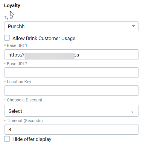 Edit Integration form for Loyalty with Type set to Punchh, showing Allow Brink Customer Usage checkbox, Base URL1 populated with https://api.punchh.com/api/pos, Base URL2, Location Key fields, Choose a Discount dropdown, Timeout (Seconds) field set to 8, and Hide offer display checkbox