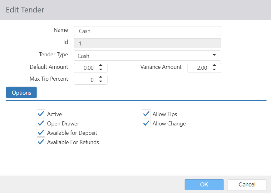 Edit Tender dialog with Name, Id, Tender Type, Default Amount, Variance Amount, Max Tip Percent fields and Options check boxes such as Active, Open Drawer, Available for Deposit, Available For Refunds, Allow Tips, and Allow Change