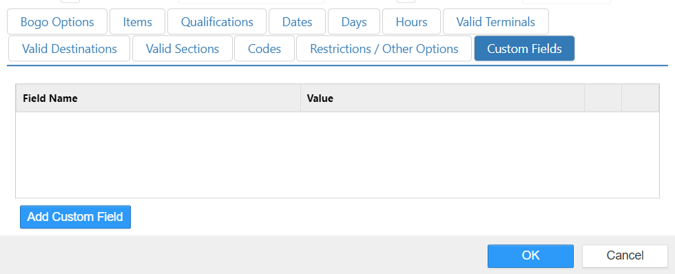 Custom Fields tab of a promotion dialog showing a Field Name and Value table and an Add Custom Field button
