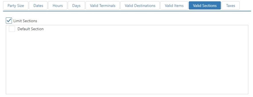 Edit Surcharge dialog, Valid Sections tab showing Limit Sections checkbox with a Default Section checkbox