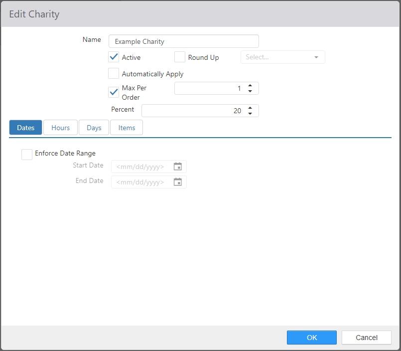 Edit Charity dialog with Name, Active, Round Up, Automatically Apply, Max Per Order, and Percent fields, and Dates, Hours, Days, and Items tabs