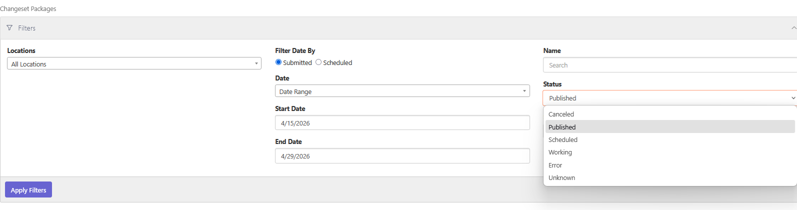 Changeset Packages view with the Status filter dropdown open, showing Canceled, Published, Scheduled, Working, Error, and Unknown options