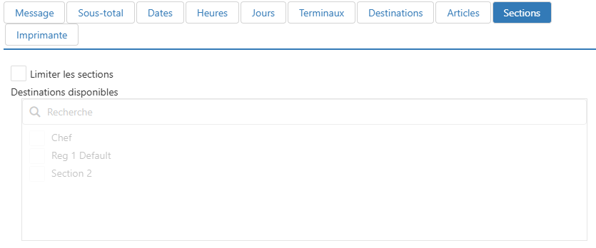 Boîte de dialogue Modifier le message de l'imprimante, onglet Sections