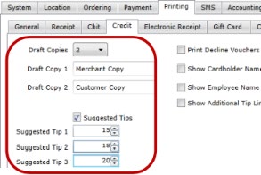 Printing > Credit tab of the Options page with Draft Copies and Suggested Tips settings highlighted in red