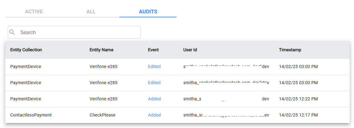 AUDITS tab showing an audit trail table with Entity Collection, Entity Name, Event, User Id, and Timestamp columns for PaymentDevice and ContactlessPayment entries