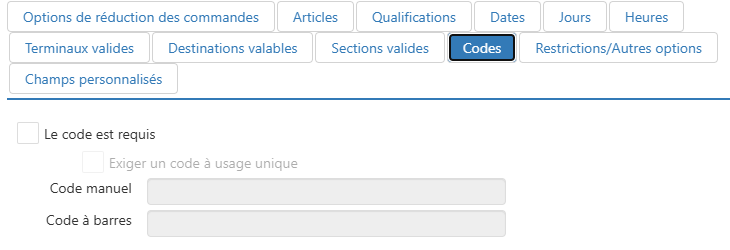 Dialogue d'édition de la promotion, onglet Codes
