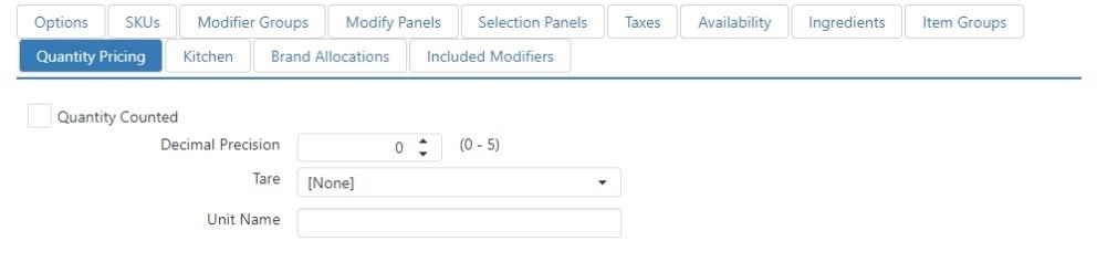 Edit Item dialog, Quantity Pricing tab, showing Quantity Counted checkbox, Decimal Precision, Tare, and Unit Name fields