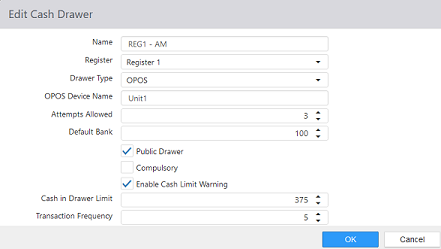 Edit Cash Drawer dialog with Name, Register, Drawer Type, OPOS Device Name, Attempts Allowed, Default Bank, Public Drawer, Compulsory, Enable Cash Limit Warning, Cash in Drawer Limit, and Transaction Frequency fields