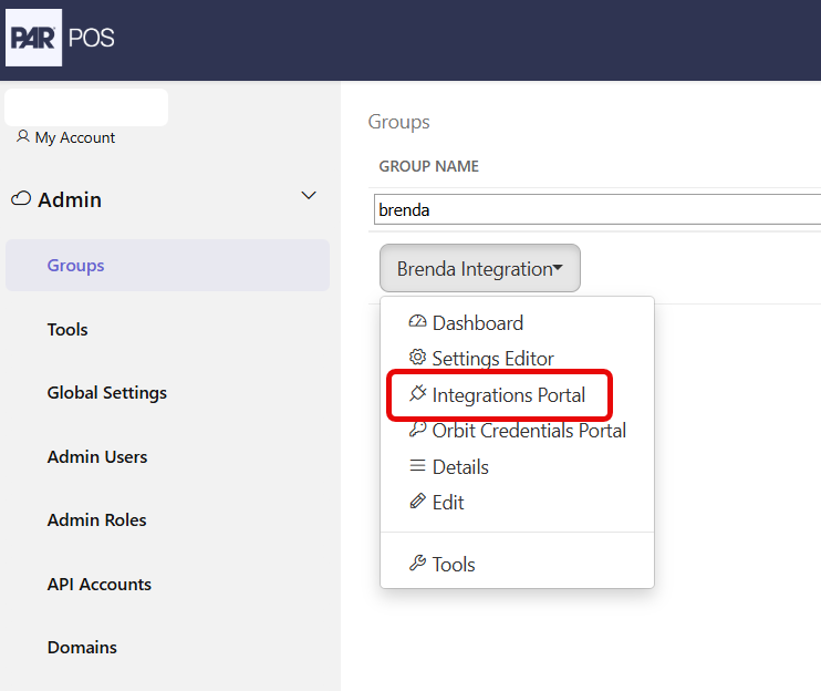 Groups dropdown menu in Admin Portal with the Integrations Portal option highlighted in a red box