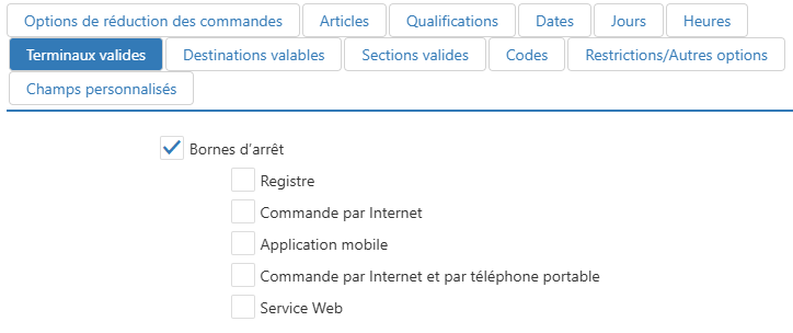 Modifier la boîte de dialogue de promotion, onglet Terminaux valides