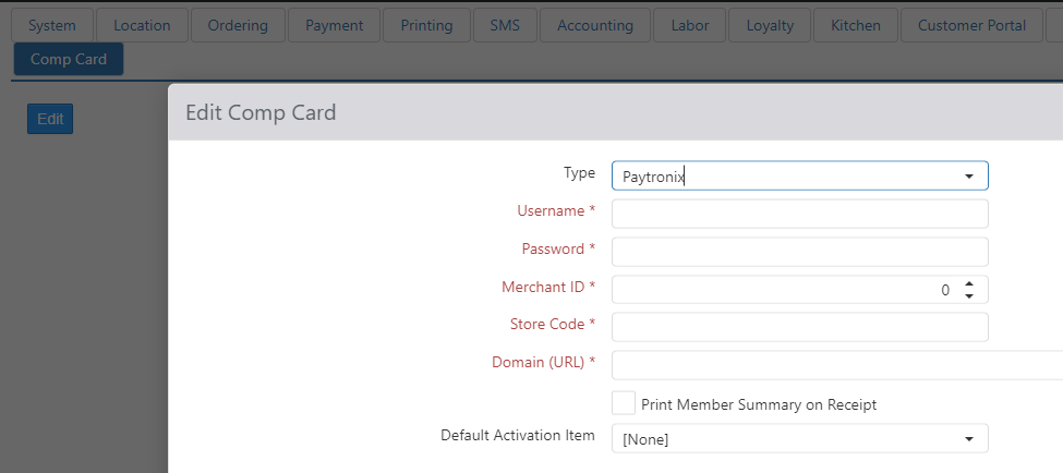 Options > Comp Card tab, Edit Comp Card dialog showing Type set to Paytronix with Username, Password, Merchant ID, Store Code, Domain (URL), Print Member Summary on Receipt, and Default Activation Item fields