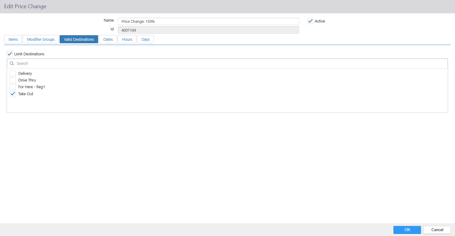 Edit Price Change dialog, Valid Destinations tab