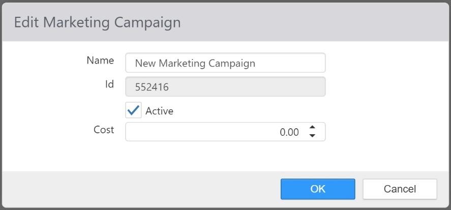 Edit Marketing Campaign dialog with Name, Id, Active checkbox, and Cost fields